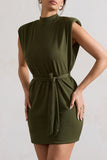 Asher Olive High-Neck Mini Dress With Tie Waist