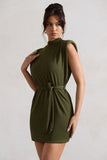 Asher Olive High-Neck Mini Dress With Tie Waist