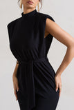 Abbie Black High-Neck Maxi Dress With Tie Waist