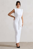 Abbie White High-Neck Maxi Dress With Tie Waist