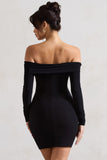 Leola Black Ruched Bodycon Bardot Long Sleeve Mini Dress