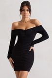 Leola Black Ruched Bodycon Bardot Long Sleeve Mini Dress