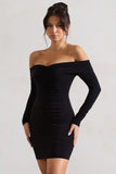 Leola Black Ruched Bodycon Bardot Long Sleeve Mini Dress