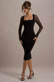 Off Track Black Bodycon Midi Dress With Sheer Sleeves