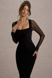Off Track Black Bodycon Midi Dress With Sheer Sleeves