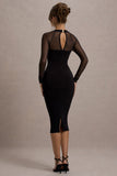 Off Track Black Bodycon Midi Dress With Sheer Sleeves