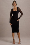 Off Track Black Bodycon Midi Dress With Sheer Sleeves