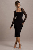 Off Track Black Bodycon Midi Dress With Sheer Sleeves