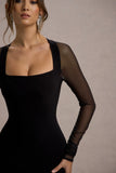 Off Track Black Bodycon Midi Dress With Sheer Sleeves