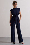 Kalona Navy High-Neck Wide-Leg Jumpsuit With Tie Waist