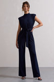 Kalona Navy High-Neck Wide-Leg Jumpsuit With Tie Waist