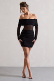 Dallas Black Ruched Bardot Long-Sleeve Micro Mini Dress