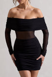 Dallas Black Ruched Bardot Long-Sleeve Micro Mini Dress