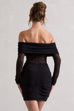 Dallas Black Ruched Bardot Long-Sleeve Micro Mini Dress