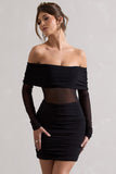 Dallas Black Ruched Bardot Long-Sleeve Micro Mini Dress