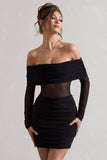 Dallas Black Ruched Bardot Long-Sleeve Micro Mini Dress