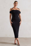 Gwen Black Bardot Halter-Neck Midi Dress