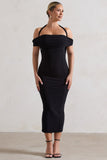 Gwen Black Bardot Halter-Neck Midi Dress