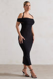 Gwen Black Bardot Halter-Neck Midi Dress