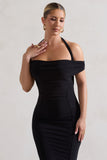 Gwen Black Bardot Halter-Neck Midi Dress