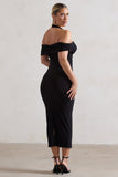 Gwen Black Bardot Halter-Neck Midi Dress