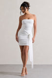 Jesse White Ruched Mini Dress With Knot Detail