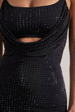 Last Dance Black Embellished Strappy Cowl-Neck Mini Dress