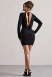 Stefani Black Embellished Cowl-Back Long Sleeve Mini Dress