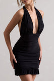 Rodeo Black Ruched Halter-Neck Mini Dress With Ruffles