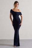 Avila Navy Asymmetric Bardot Maxi Dress