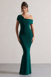 Avila Bottle Green Asymmetric Bardot Maxi Dress