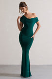 Avila Bottle Green Asymmetric Bardot Maxi Dress