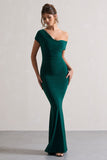 Avila Bottle Green Asymmetric Bardot Maxi Dress