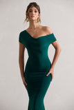 Avila Bottle Green Asymmetric Bardot Maxi Dress