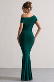Avila Bottle Green Asymmetric Bardot Maxi Dress