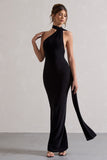 Miss Black One Shoulder Backless Maxi Dress With Scarf