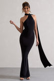 Miss Black One Shoulder Backless Maxi Dress With Scarf