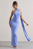 Miss Pale Blue One Shoulder Backless Maxi Dress With Scarf