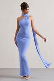 Miss Pale Blue One Shoulder Backless Maxi Dress With Scarf