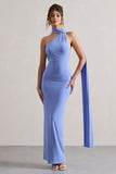 Miss Pale Blue One Shoulder Backless Maxi Dress With Scarf