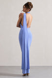 Miss Pale Blue One Shoulder Backless Maxi Dress With Scarf
