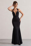 Plaza Black Plunge Halter-Neck Fishtail Maxi Dress