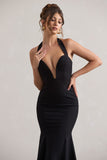 Plaza Black Plunge Halter-Neck Fishtail Maxi Dress
