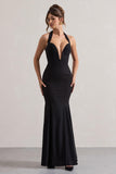 Plaza Black Plunge Halter-Neck Fishtail Maxi Dress