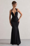 Plaza Black Plunge Halter-Neck Fishtail Maxi Dress