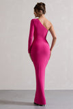 Anima Dark Pink Asymmetric Ruched One-Sleeve Maxi Dress