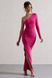 Anima Dark Pink Asymmetric Ruched One-Sleeve Maxi Dress