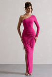 Anima Dark Pink Asymmetric Ruched One-Sleeve Maxi Dress