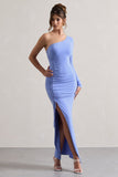 Anima Pale Blue Asymmetric Ruched One-Sleeve Maxi Dress