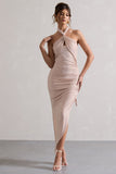 Jaiya Champagne Ruched Halter-Neck Asymmetric Maxi Dress